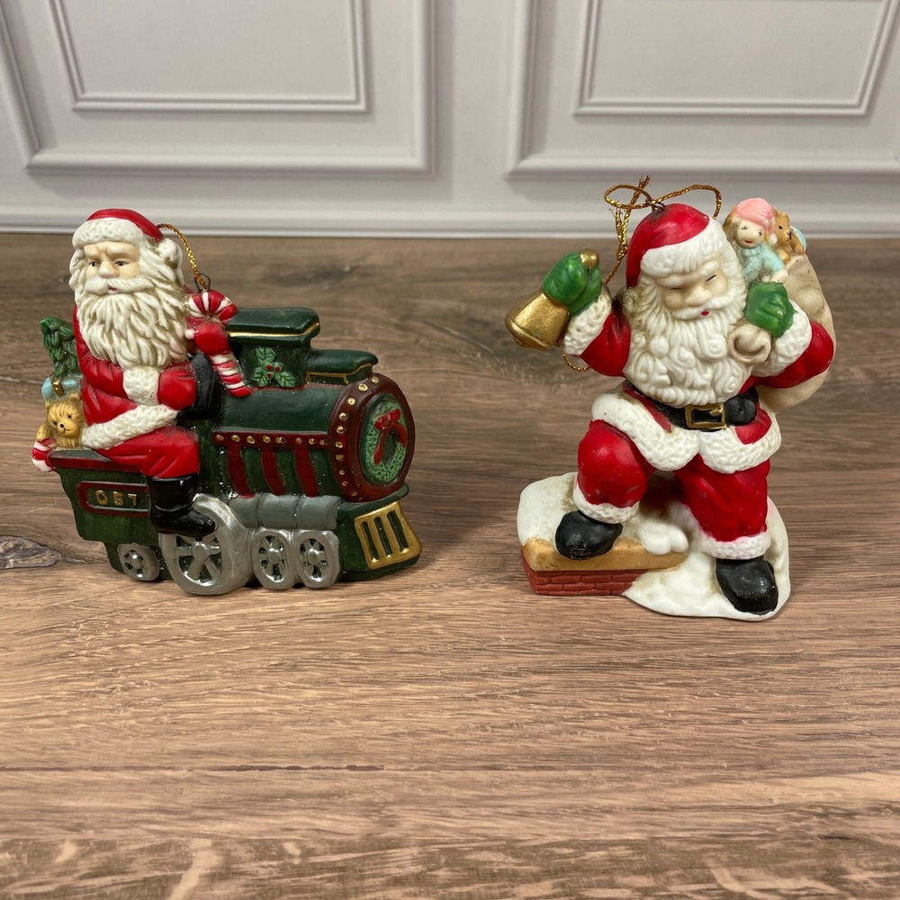 Two Santa Claus Christmas Ornaments Figurines, Train Engine & Chimney with Bell